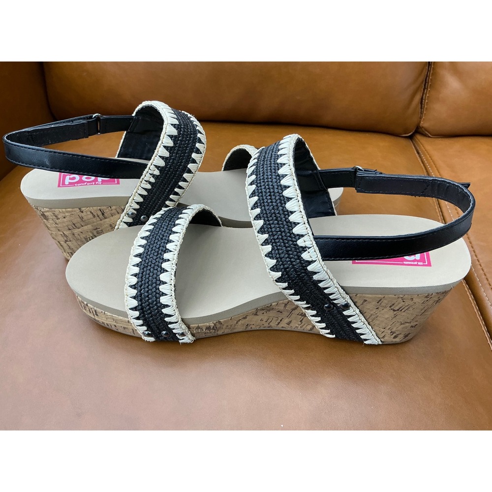 Pop Kabilyn Wedge Sandals Women's 11 Black Woven Cork Strappy Whipstitch - Picture 6 of 9
